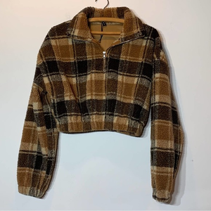 NWT Zaful Plaid Cropped Teddy Bear Fleece Zip Up‎ Jacket